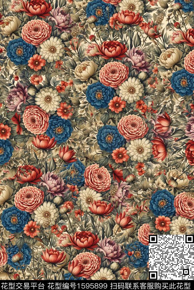 花卉满版花卉水彩花卉数码印花华亿平台下载（图片编号: 1595899） - 瓦栏（Walan）