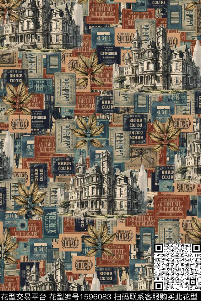 建筑复古叶子数码印花华亿平台下载（图片编号: 1596083） - 瓦栏（Walan）