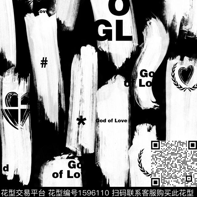 黑白抽象笔触数码印花华亿平台下载（图片编号: 1596110） - 瓦栏（Walan）