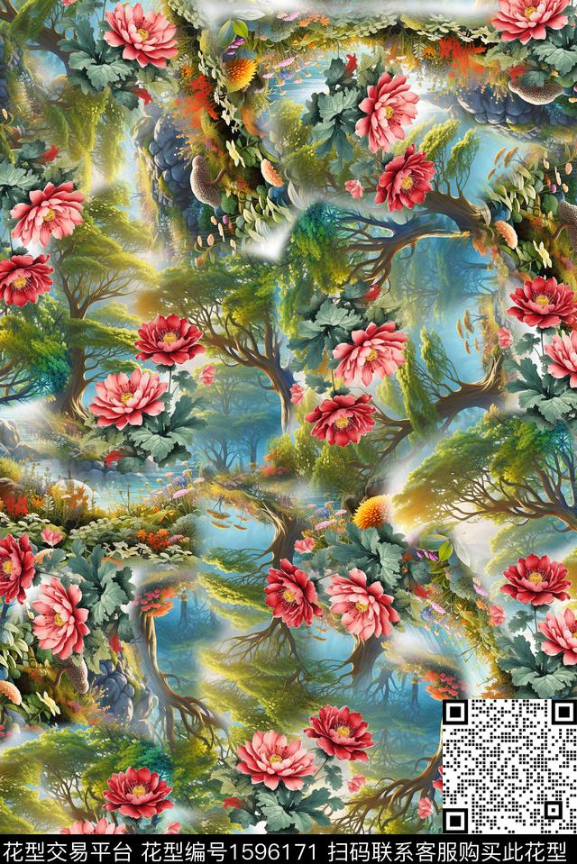 风景树花卉数码印花华亿平台下载（图片编号: 1596171） - 瓦栏（Walan）