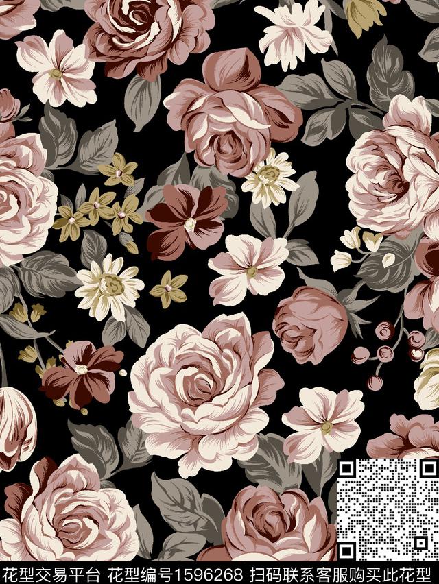 花卉黑底花卉小花数码印花华亿平台下载（图片编号: 1596268） - 瓦栏（Walan）
