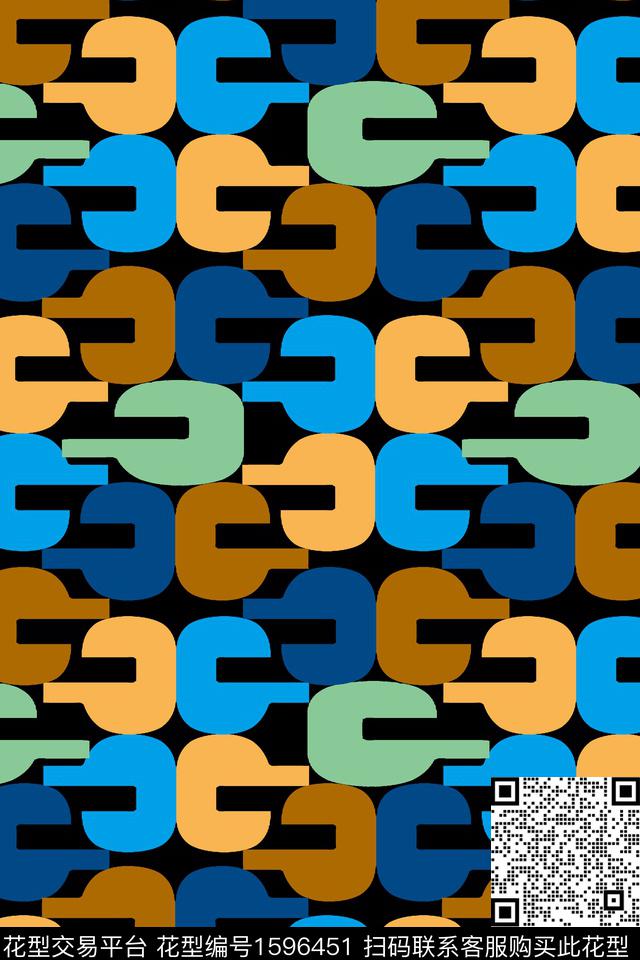 黑底几何传统印花华亿平台下载（图片编号: 1596451） - 瓦栏（Walan）