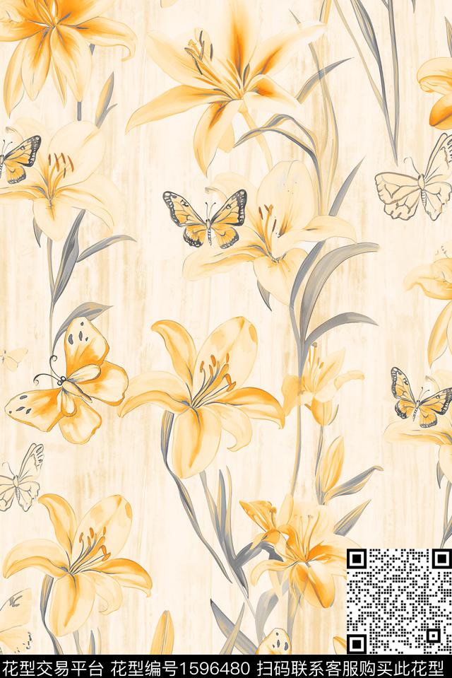 花卉蝴蝶水彩花卉数码印花华亿平台下载（图片编号: 1596480） - 瓦栏（Walan）