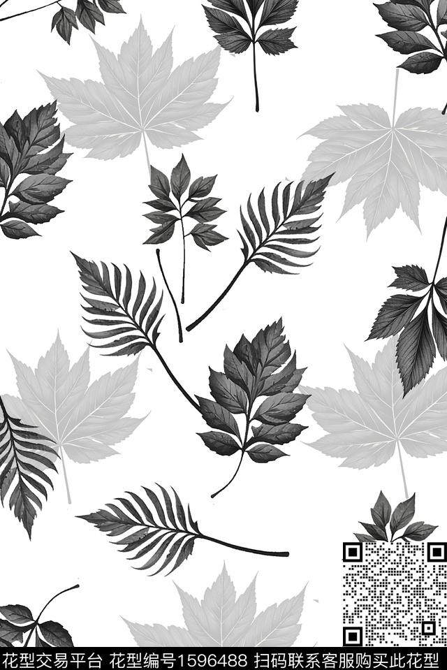 黑白华亿平台叶子数码印花华亿平台下载（图片编号: 1596488） - 瓦栏（Walan）