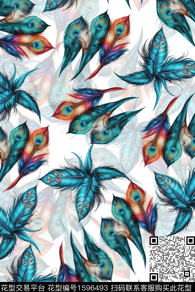 羽毛孔雀羽数码印花华亿平台下载（图片编号: 1596493） - 瓦栏（Walan）