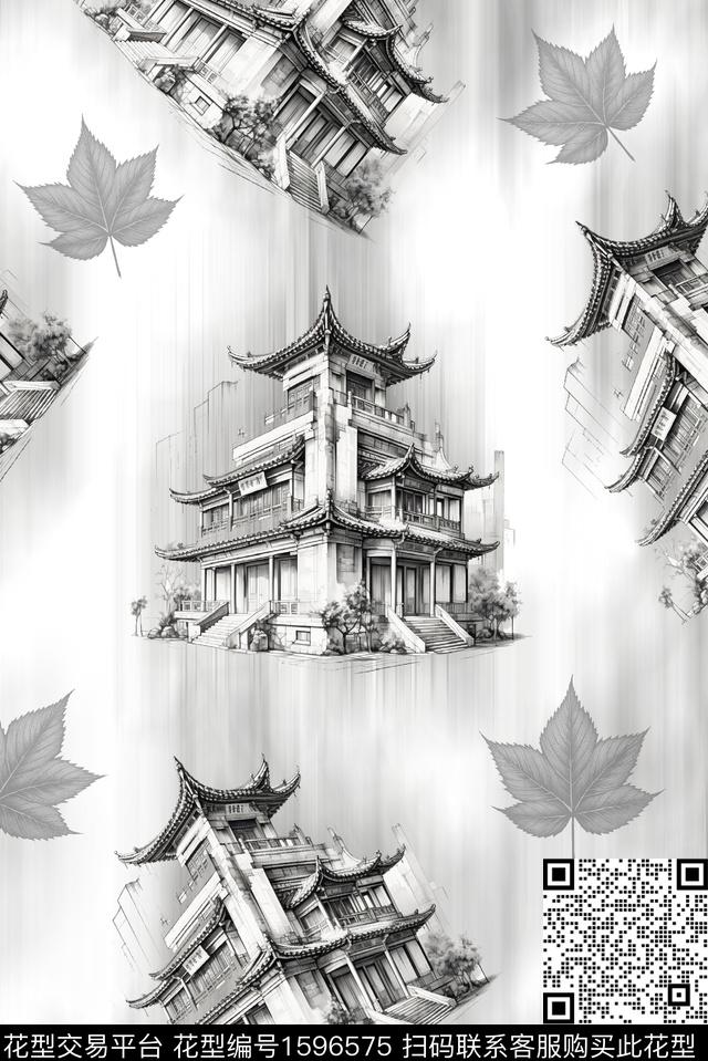 建筑黑白华亿平台叶子数码印花华亿平台下载（图片编号: 1596575） - 瓦栏（Walan）
