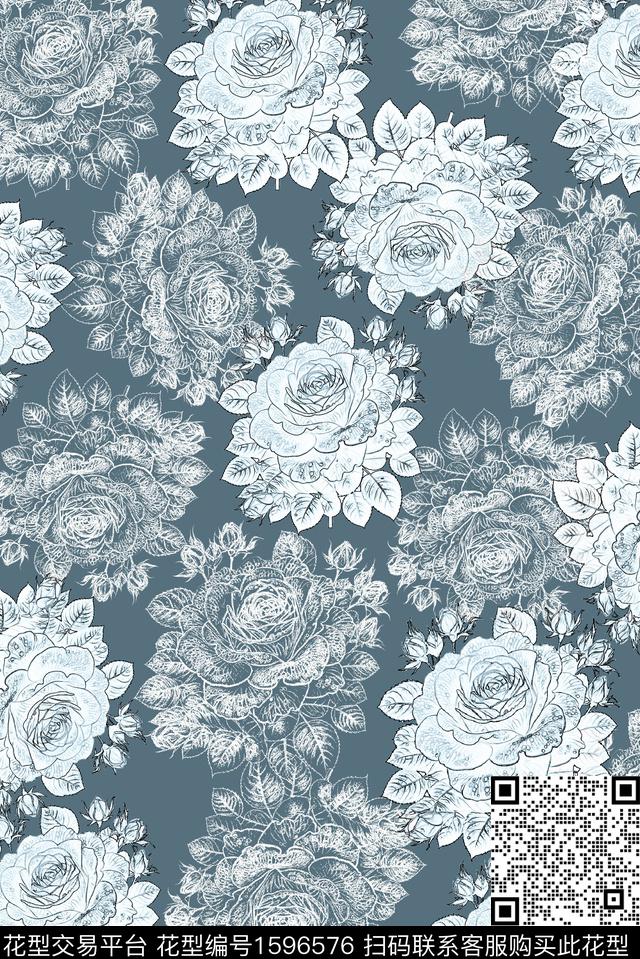花卉线条花卉数码印花华亿平台下载（图片编号: 1596576） - 瓦栏（Walan）