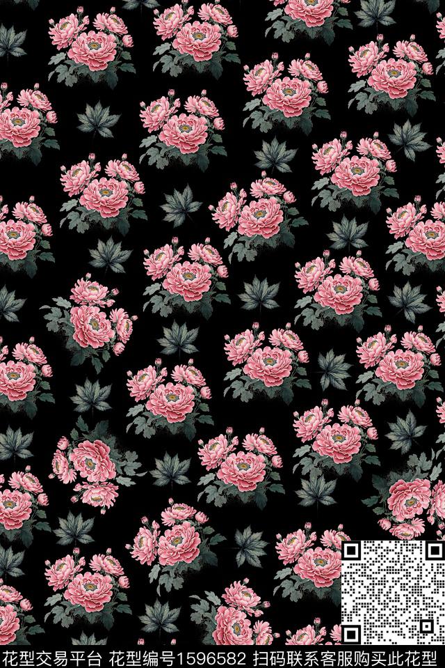 花卉黑底花卉小碎花数码印花华亿平台下载（图片编号: 1596582） - 瓦栏（Walan）