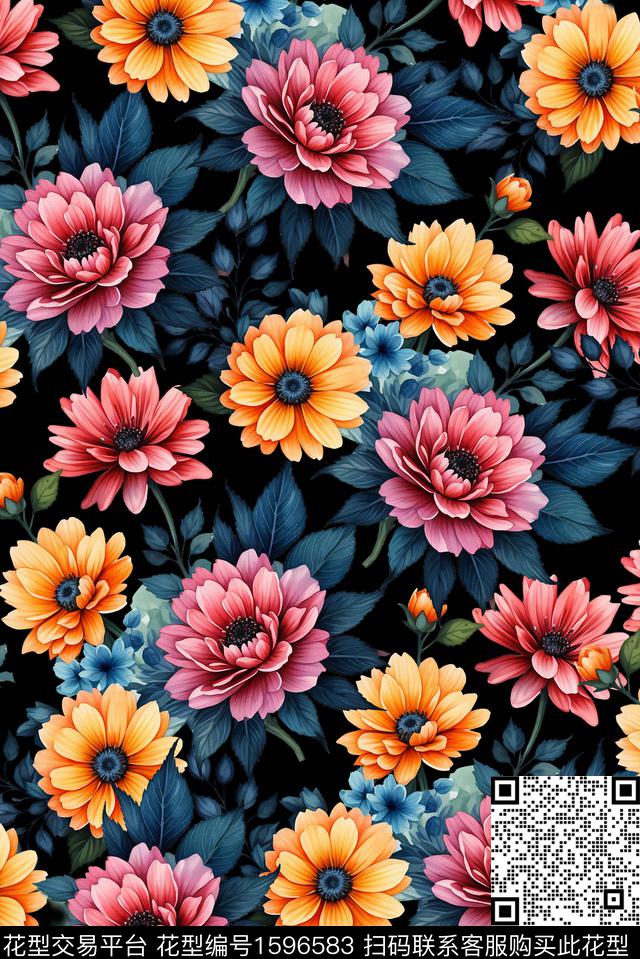 花卉黑底花卉水彩花卉数码印花华亿平台下载（图片编号: 1596583） - 瓦栏（Walan）