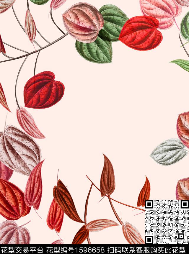 绿植树叶复古植物清爽底数码印花华亿平台下载（图片编号: 1596658） - 瓦栏（Walan）