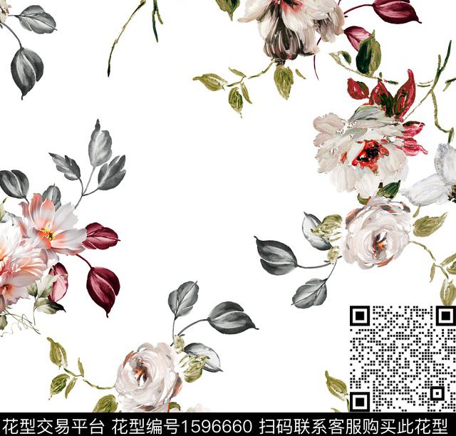 花卉水彩花卉白底花数码印花华亿平台下载（图片编号: 1596660） - 瓦栏（Walan）