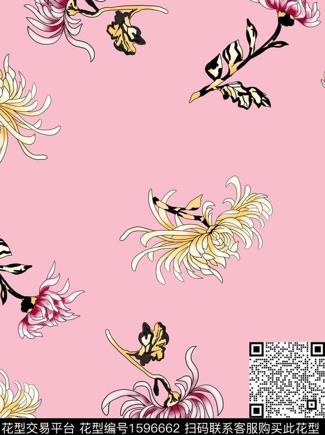 花卉菊花清爽底花卉数码印花华亿平台下载（图片编号: 1596662） - 瓦栏（Walan）