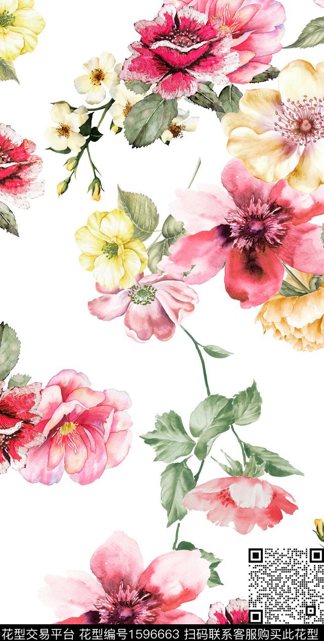 花卉水彩花卉白底花数码印花华亿平台下载（图片编号: 1596663） - 瓦栏（Walan）