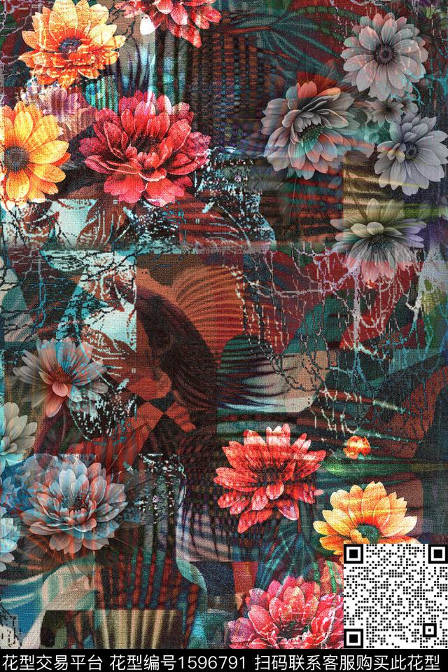 花卉深色调花卉中老年数码印花华亿平台下载（图片编号: 1596791） - 瓦栏（Walan）