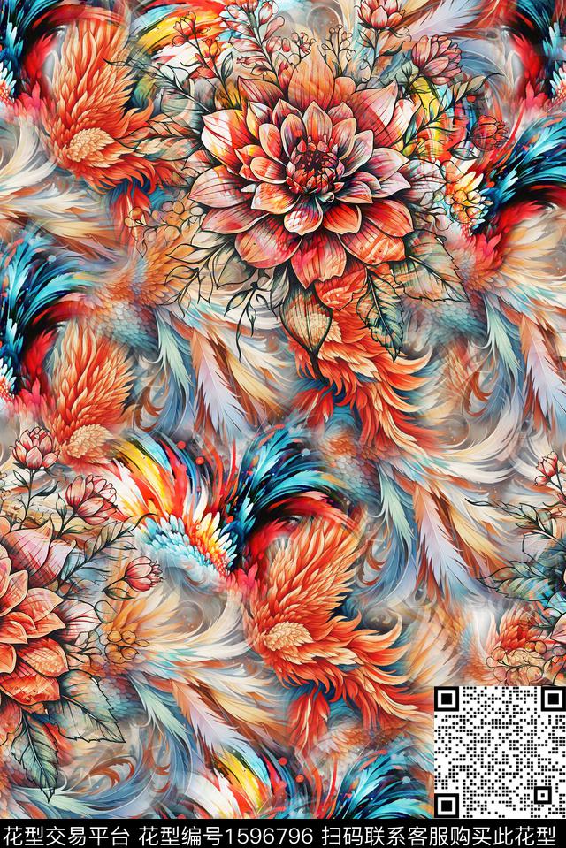 花卉中老年羽毛数码印花华亿平台下载（图片编号: 1596796） - 瓦栏（Walan）