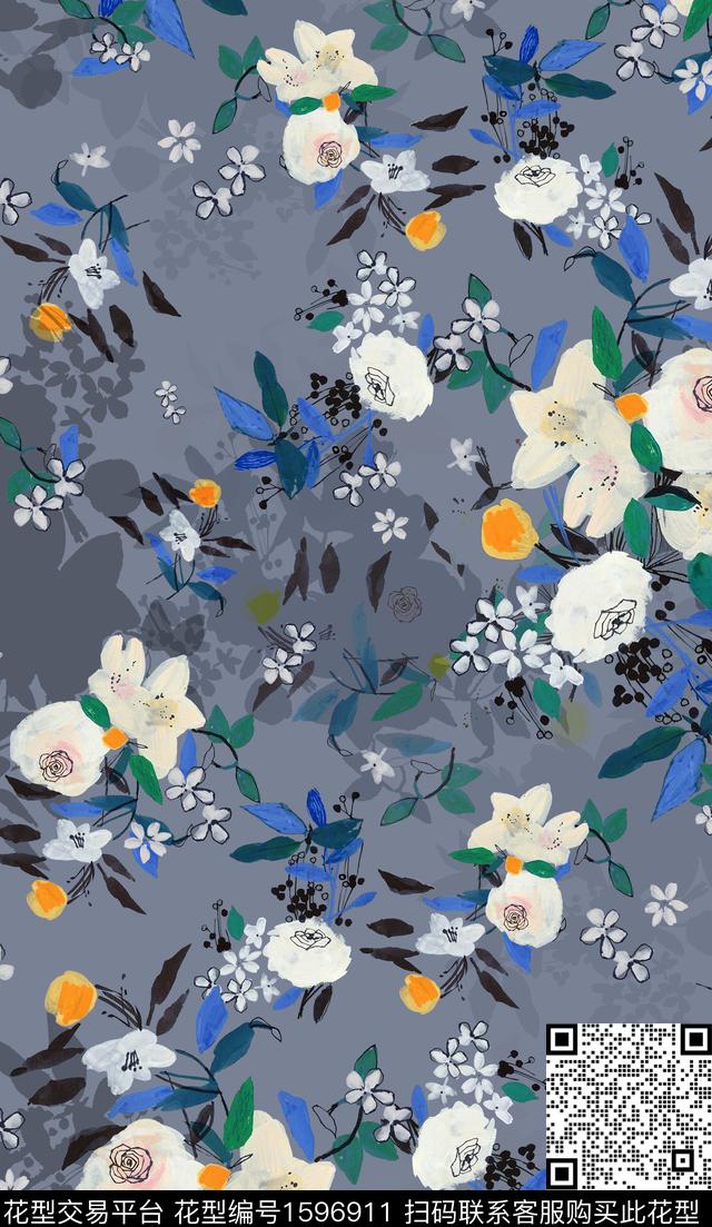抽象花卉花卉剪影数码印花华亿平台下载（图片编号: 1596911） - 瓦栏（Walan）