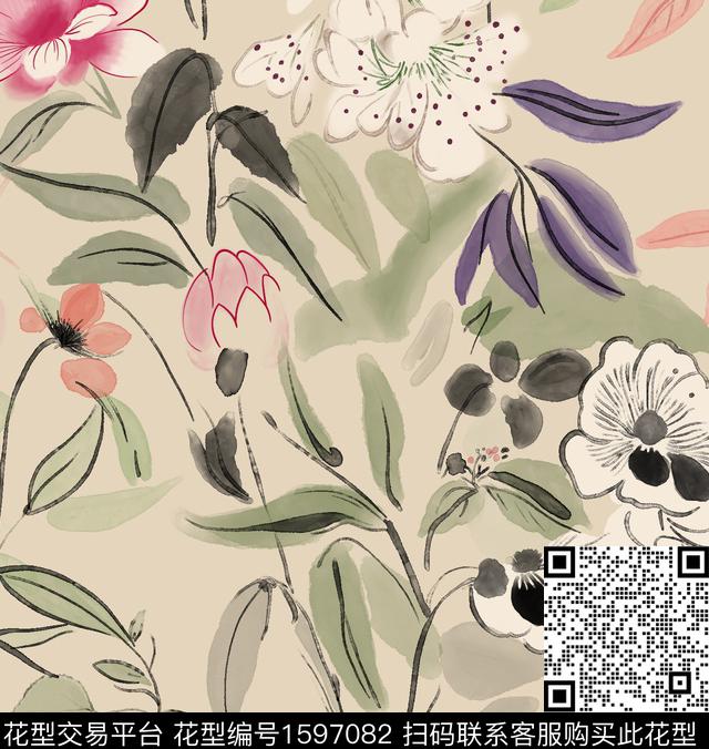 中国风水墨风花卉数码印花华亿平台下载（图片编号: 1597082） - 瓦栏（Walan）