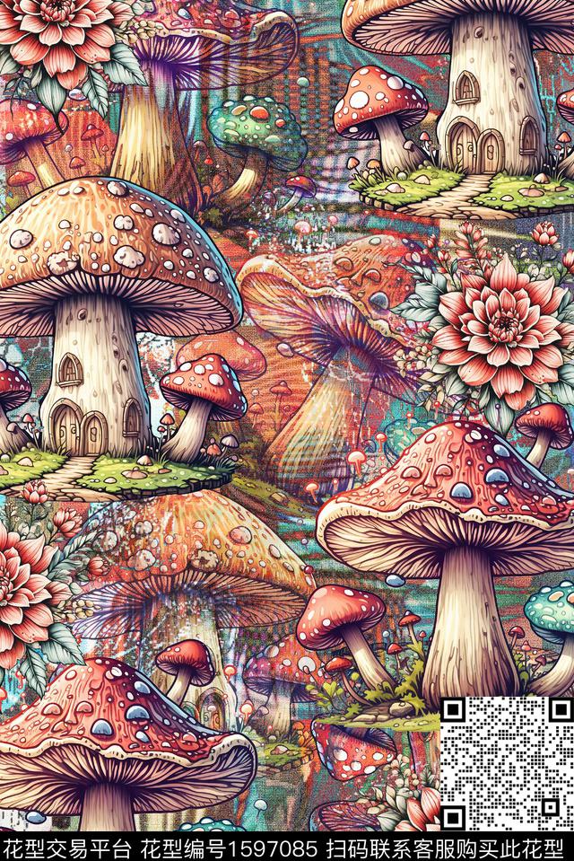 趣味蘑菇花卉数码印花华亿平台下载（图片编号: 1597085） - 瓦栏（Walan）