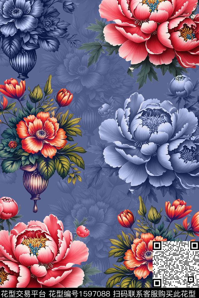 花卉大花影花数码印花华亿平台下载（图片编号: 1597088） - 瓦栏（Walan）