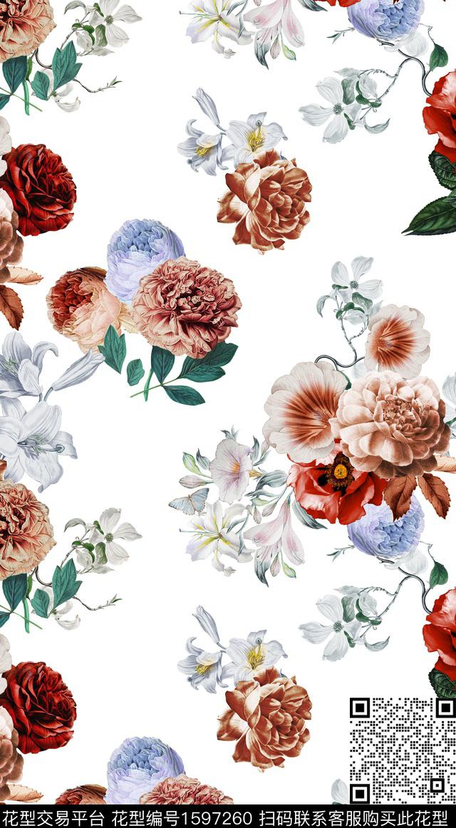 复古花卉白底花数码印花华亿平台下载（图片编号: 1597260） - 瓦栏（Walan）