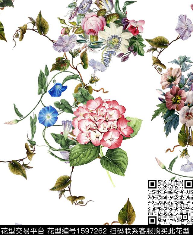 复古花卉白底花数码印花华亿平台下载（图片编号: 1597262） - 瓦栏（Walan）
