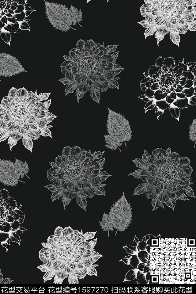 花卉叶子黑白华亿平台数码印花华亿平台下载（图片编号: 1597270） - 瓦栏（Walan）
