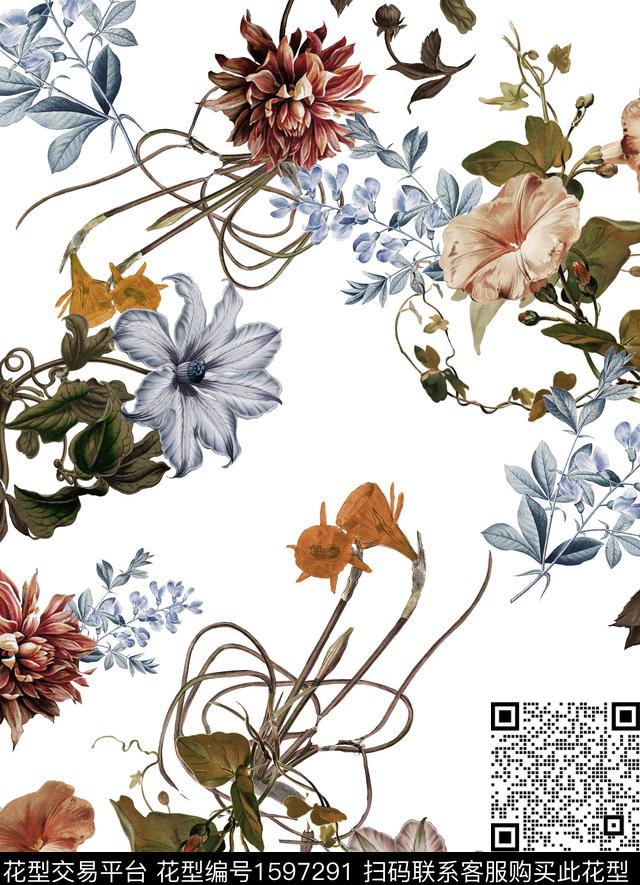 复古花卉白底花数码印花华亿平台下载（图片编号: 1597291） - 瓦栏（Walan）