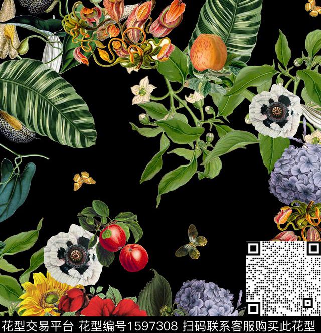 黑底花卉热带华亿平台复古数码印花华亿平台下载（图片编号: 1597308） - 瓦栏（Walan）