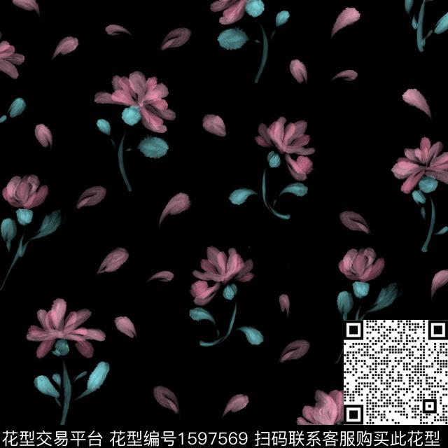 小碎花水彩花卉黑底花卉数码印花华亿平台下载（图片编号: 1597569） - 瓦栏（Walan）
