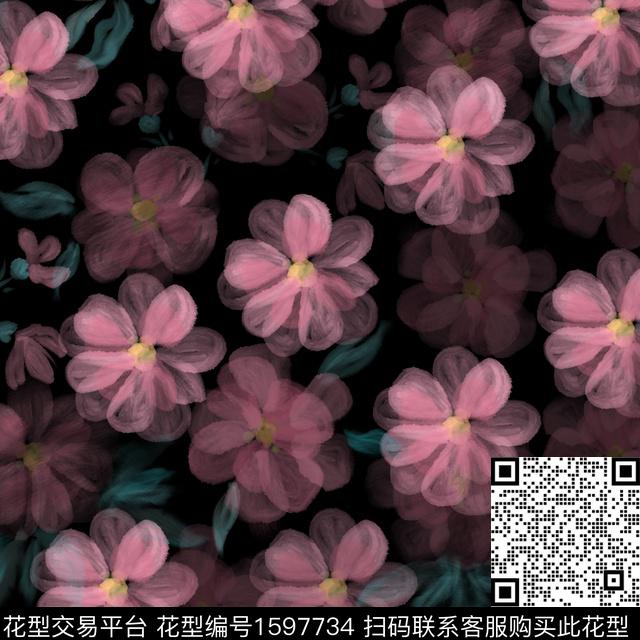 花卉黑底花卉水彩花卉数码印花华亿平台下载（图片编号: 1597734） - 瓦栏（Walan）