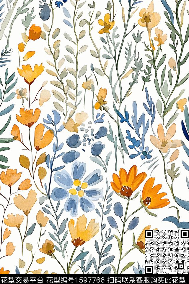 花卉水彩花卉小清新数码印花华亿平台下载（图片编号: 1597766） - 瓦栏（Walan）