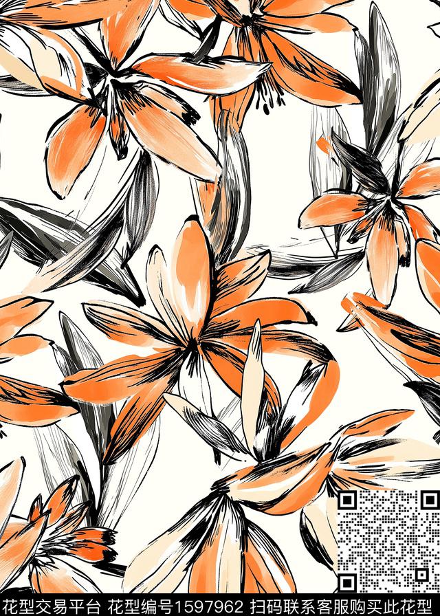 大花花卉水彩花卉数码印花华亿平台下载（图片编号: 1597962） - 瓦栏（Walan）