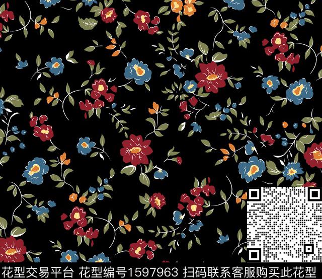 花卉小碎花黑底花卉数码印花华亿平台下载（图片编号: 1597963） - 瓦栏（Walan）