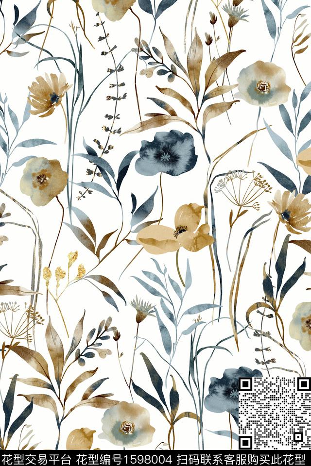 清爽底花卉水彩花卉绿植树叶数码印花华亿平台下载（图片编号: 1598004） - 瓦栏（Walan）