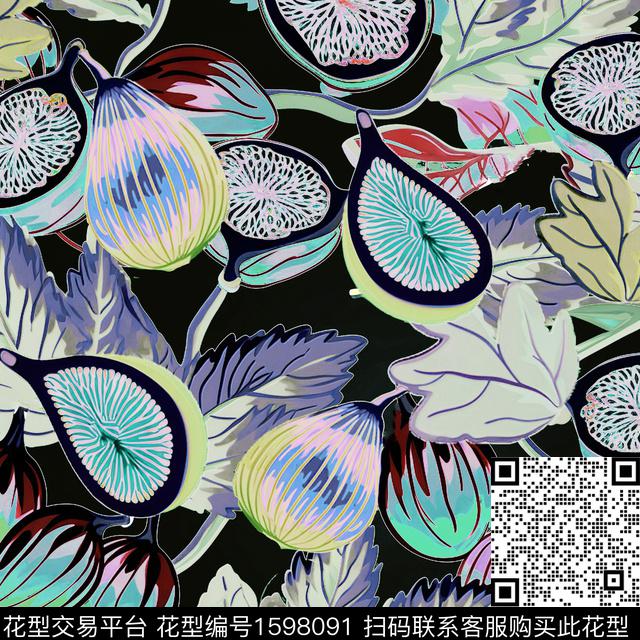 黑底植物水果数码印花华亿平台下载（图片编号: 1598091） - 瓦栏（Walan）