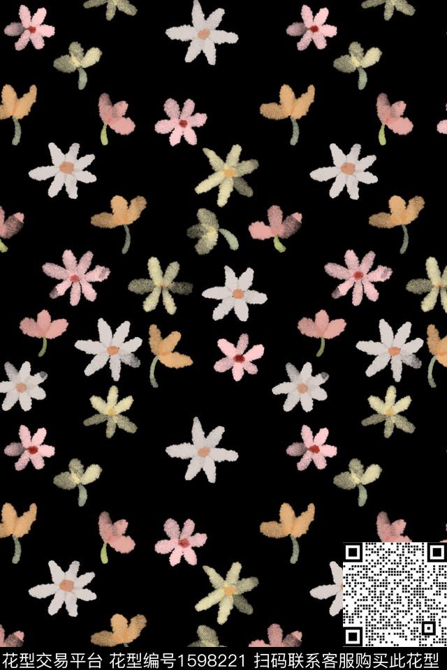 黑底花卉花卉小碎花数码印花华亿平台下载（图片编号: 1598221） - 瓦栏（Walan）