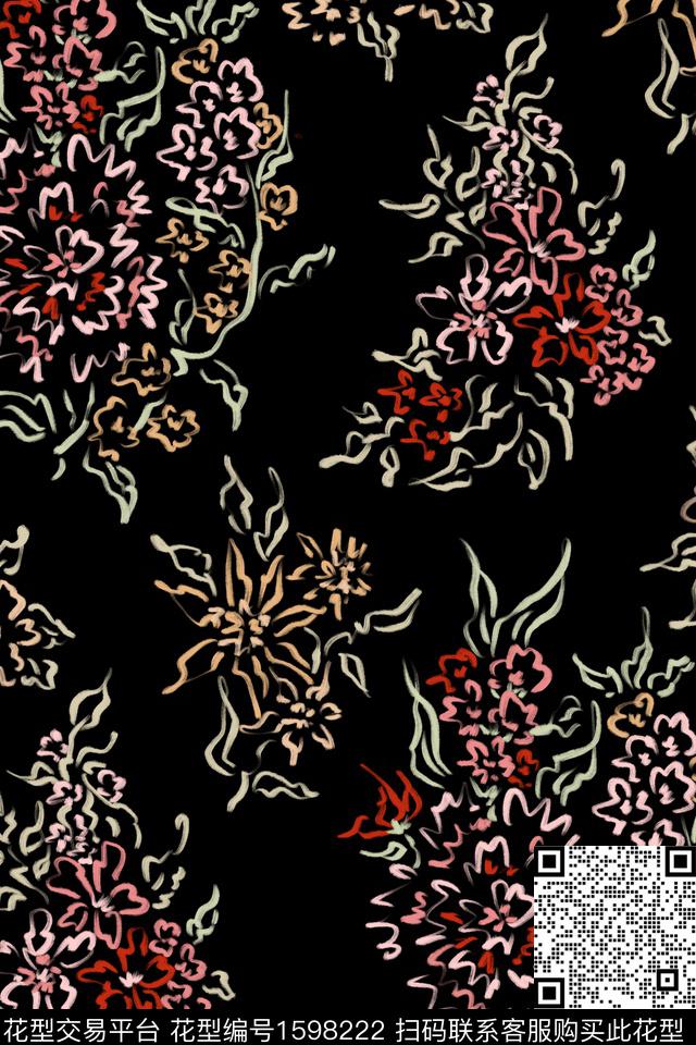 黑底花卉花卉线条花卉数码印花华亿平台下载（图片编号: 1598222） - 瓦栏（Walan）