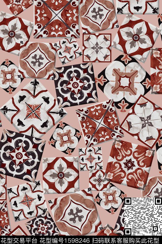 民族风混合拼接复古数码印花华亿平台下载（图片编号: 1598246） - 瓦栏（Walan）
