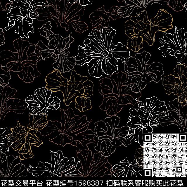 花卉黑底花卉线条花卉数码印花华亿平台下载（图片编号: 1598387） - 瓦栏（Walan）
