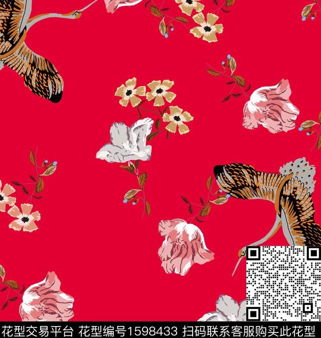 中国风仙鹤花卉传统印花华亿平台下载（图片编号: 1598433） - 瓦栏（Walan）