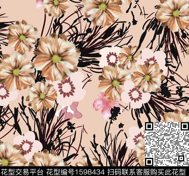 花卉笔触清爽底花卉数码印花华亿平台下载（图片编号: 1598434） - 瓦栏（Walan）