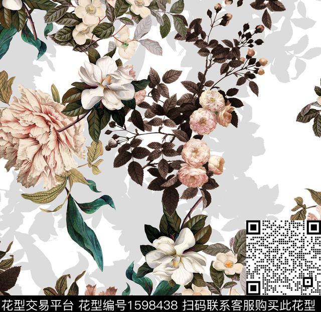花卉复古剪影数码印花华亿平台下载（图片编号: 1598438） - 瓦栏（Walan）
