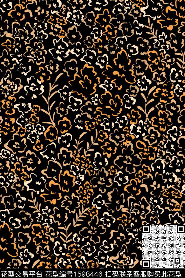 黑底花卉花卉小碎花数码印花华亿平台下载（图片编号: 1598446） - 瓦栏（Walan）