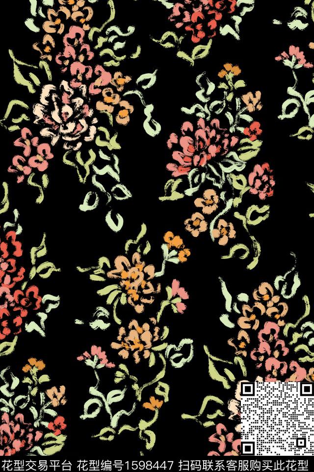 黑底花卉花卉线条花卉数码印花华亿平台下载（图片编号: 1598447） - 瓦栏（Walan）