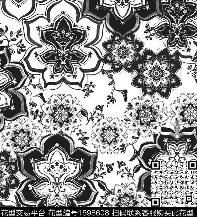 黑白民族花卉民族风数码印花华亿平台下载（图片编号: 1598608） - 瓦栏（Walan）
