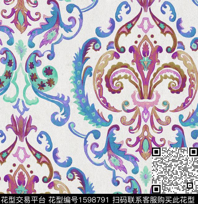 民族风水彩古典纹样数码印花华亿平台下载（图片编号: 1598791） - 瓦栏（Walan）