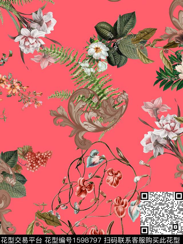花卉复古数码印花华亿平台下载（图片编号: 1598797） - 瓦栏（Walan）