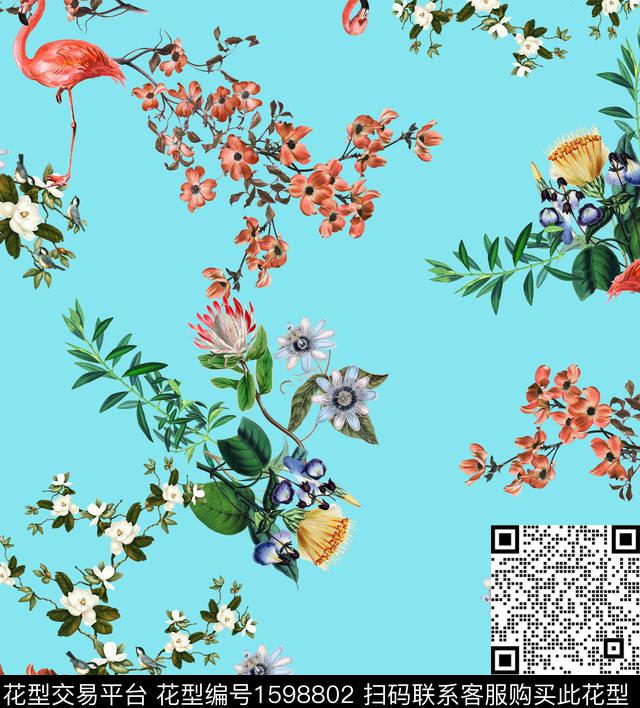 火烈鸟热带花卉数码印花华亿平台下载（图片编号: 1598802） - 瓦栏（Walan）