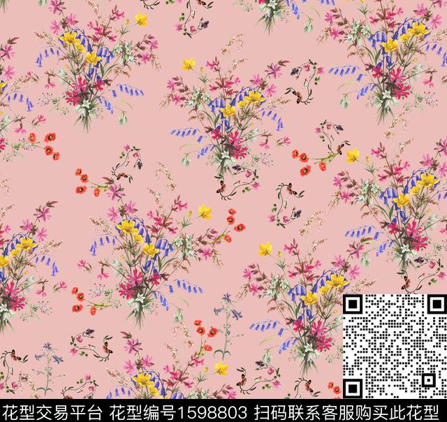 水彩碎花蝴蝶数码印花华亿平台下载（图片编号: 1598803） - 瓦栏（Walan）