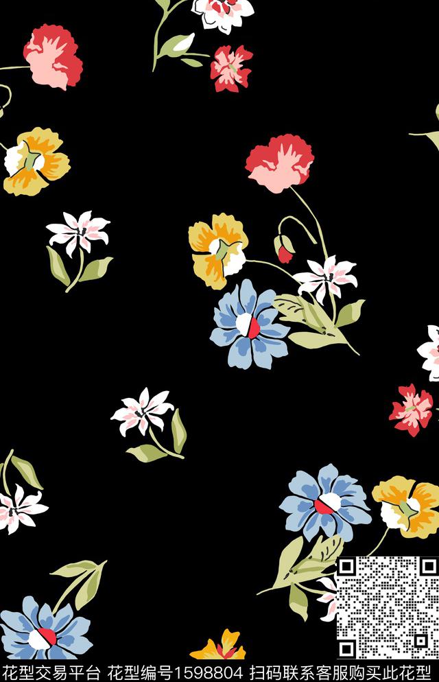 花卉黑底花卉传统印花华亿平台下载（图片编号: 1598804） - 瓦栏（Walan）
